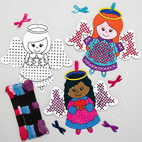 Baker Ross AX389 Engel Kreuzstich Bastelset - 5er Pack, Basteln für Kinder, Nähen und Kreuzstich für Kinder an Weihnachten, Basteldeko zum Aufhängen