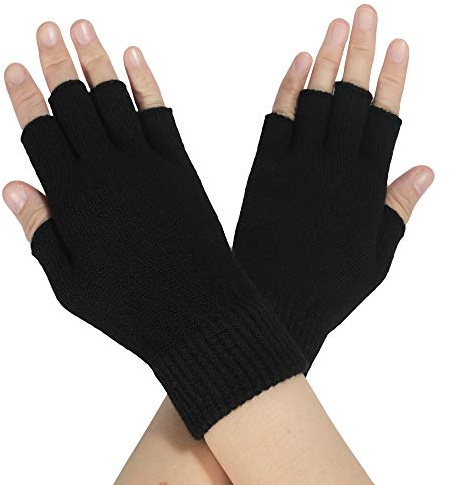 ZLYC Dam ull halvfingerhandskar vinter stickning fingerlösa handskar, Massivsvart, en storlek