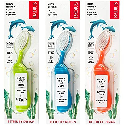 RADIUS Children's Toothbrush, Kids Brush, Extra Soft Bristles, Right Handed, Green/Blue/Orange, BPA Free & ADA Accepted, Designed to Clean Delicate Teeth & Gums for Children 6 Years & Up, Pack of 3