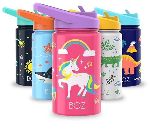 BOZ Gourde Isotherme Enfant avec Paille 414ML, Bouteille d'Eau Anti-fuite pour Boisson Chaude ou Froide | Gourde Inox à Double Paroi Isolante et Motif Anti-rayures Avec Poignée, Sans BPA (Licorne)