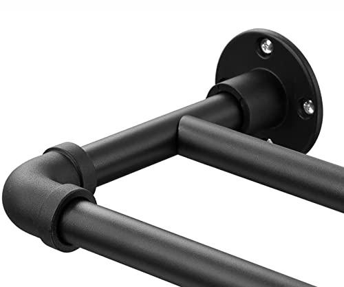 Heavy Duty Double Curtain Rod for Windows 66-120”, 1 inch Industrial Pipe Double Rod Black Wrap Around Design, Adjustable Drapery Rod for Blackout Curtains, Bedroom, Sliding Glass Door