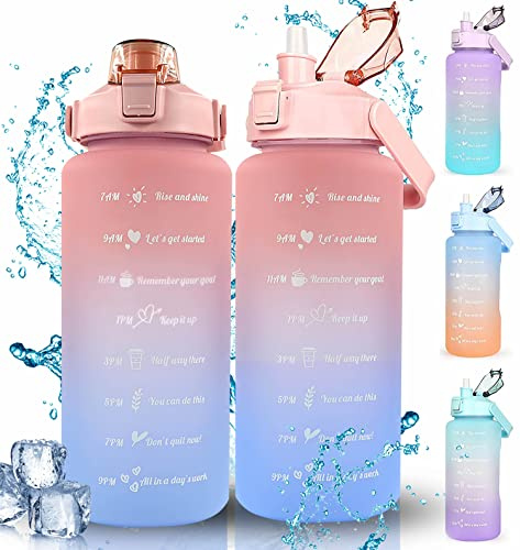 RKINC Water Bottle, 2L Motivational Water Bottle, Sport Drinks Gym Sipper Large Capacity Drinking with Straw, Marker & Holding Strap, Reusable 67 OZ Leakproof BPA Free Jug (Red-Blue)