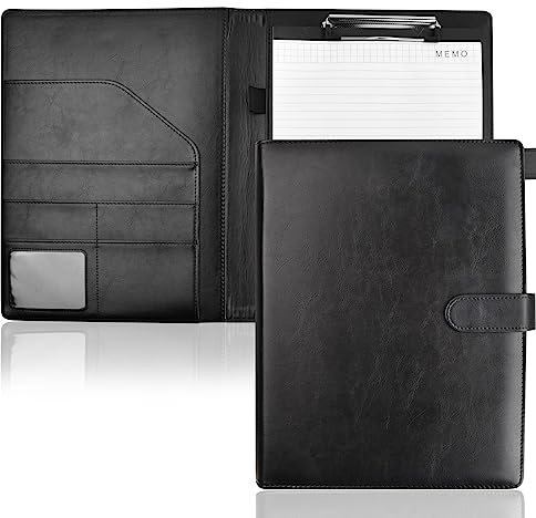 Carpeta Portadocumentos A4, Carpeta de Documentos con Portatarjetas, Carpeta de Escritura con Bloc de Notas, Portapapeles de Cuero PU con Tapa para Organizador con Separadores (Negro)