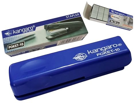 ZPOCKET10 - Mini engrapadora plegable, cuerpo azul + 1000 grapas, 10 hojas de grapado, engrapadora perfecta para la escuela, el hogar, viajes, iZOFAX bolígrafo negro