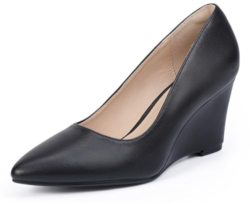 IDIFU Black Wedges for Women - Closed Toe Wedge Pumps - Low Heel Pointed Toe - Work Office Formal Business Dress Shoes - Cute Casual Dressy Comfortable Trendy - Wedge Pumps (Black Pu, 9)