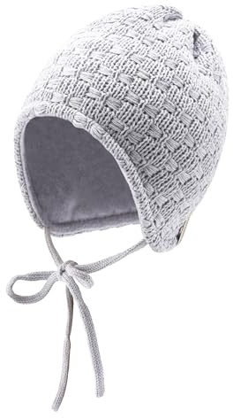 Sterntaler Strickmütze mit Schleifen Muster - Mädchen Beanie, gefüttert mit weichem Baumwollfleece - Winter Babymütze mit Ohrenklappen und Bindeband- Silber, 43