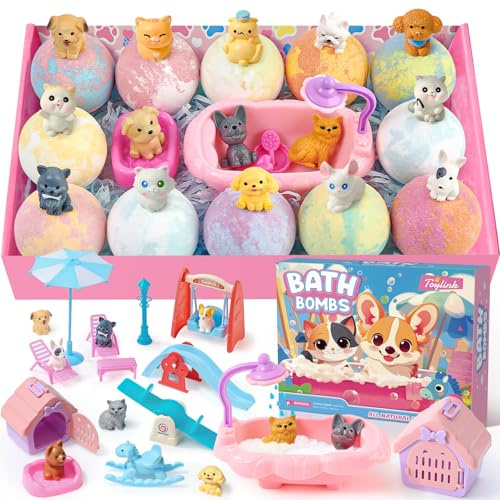 Toylink Baby Bath Bombs With Surprise Inside, 12 Pack Bath Bombs With Dog And Cat Toys, Imitation Play Set, Handmade Effervescent Bath Bombs Set