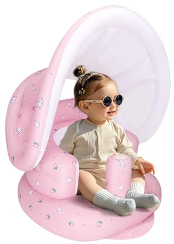 AirSwim Inflatable Baby Seat with Detachable Canopy and Built-in Pump, Inflatable Baby Chair for Babies 3 Months and Up, Bumbo Seat for Babies, Infant Blow Up Chair for Outdoor Indoor, Strawberry