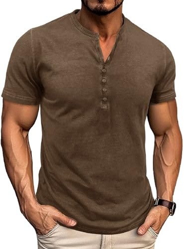 LAOARA Tee Shirt Homme T Shirt T-Shirts à Manches Courtes Homme Coton Henley Vintage Col Tunisien Boutons Eté Kaki L