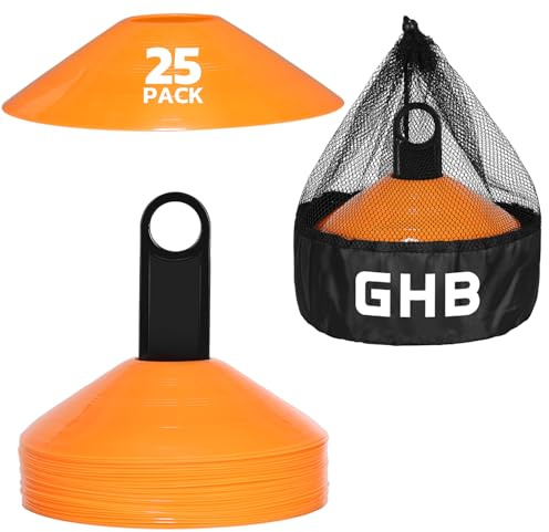 GHB Soccer Cones 25/50/100 Pack Disc Soccer Sport Cones Training Field Marker Agility Cones for Traffic, Basketball, Coaching, Practice Equipment Includes Cone Drills Guide (25Pcs Orange)