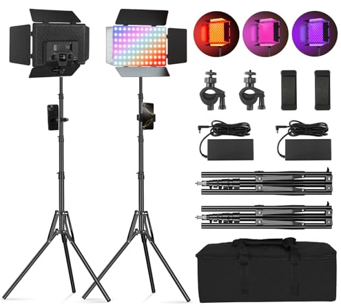2Pack RGB LED Video Light Kit 12.6in with Barn Door, RGB Photography Light 20W/2500~8500K/14 Effect/2000lux@0.5m LED Panel Light Kit with Light Stand for Gaming Streaming Zoom YouTube Photography