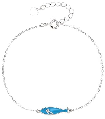 MYSTIC JEWELS Bracciale catena pesce argento 925 smalto blu zirconi design minimalista rodio regolabile 16+3cm sacchetto regalo