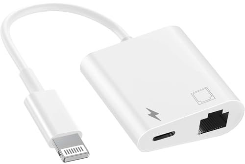 Lightning-auf-Ethernet-Adapter, 2-in-1-RJ45-Ethernet-LAN-Netzwerkadapter mit Ladeanschluss, kompatibel mit iPhone/iPad/iPod, unterstützt 100 Mbit/s