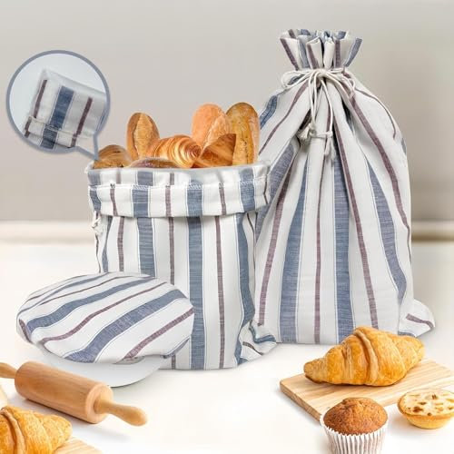 3 Pack Bread Bags for Homemade Bread -Plastic Lined- Reusable Linen Bread Bags to Keep Bread Fresh