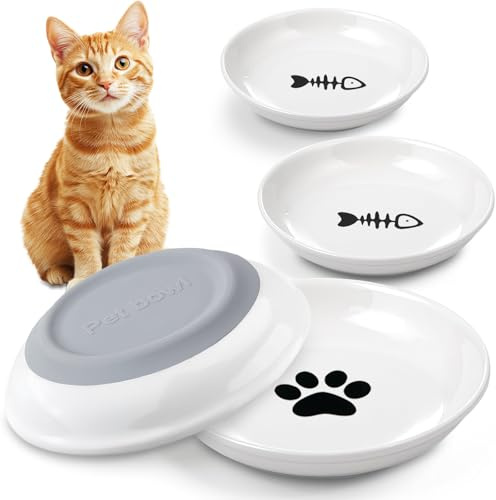 AMFUN 4 Pezzi Ciotole per Gatti in Ceramica, Ciotola Piatta Gatti per Alleviare l'affaticamento dei Baffi, Ciotola Gatto con Base in Gomma Antiscivolo per Gattis e Piccoli Animali