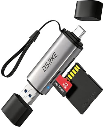 DSRKE Lector de Tarjetas SD, Adaptador SD a USB 3.0/USB C para SD/MicroSD/TFSDHC/MMC, Compatible con Galaxy S25+, iPhone 15/16/17Plus/PC/Ordinateur, Viajes y Fotógrafos Amateurs