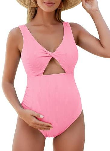FEOYA Bañador de Maternidad de Una Pieza Traje de Baño Premamá con Escote en V Ropa de Natación Embarazada para Playa Piscina y Sesiones de Fotos, Tallas S-XL
