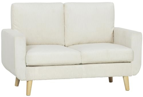 HOMCOM Sofá de 2 Plazas con Cojines de Resortes 134x74x84 cm Blanco Crema | Tapizado en Pana, Sofá Moderno, Acolchado, Respaldo Grueso, Patas de Madera, Dormitorio, Oficina, Sala de Estar