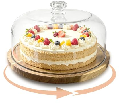 Hniuyun Rotating Cake Stand with Dome Lid 10 Inch | Acacia Wood Base, 360° Smooth Rotation, Acrylic Dome, for Decorating, Birthdays, Picnics, Afternoon Tea