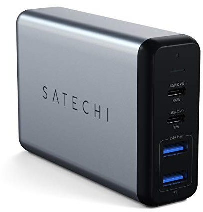 SATECHI 75W Dual Typ C PD Reiseladeadapter mit 2 USB C PD und 2 USB 3.0 – Kompatibel mit 2020/2019 MacBook Pro, 2020 MacBook Air, M1 iPad Pro/Air, iPhone 15 Pro Max/15 Pro/15/15 Plus