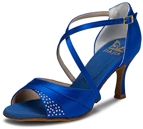 JIAJIA 20522 Latin Women's Sandals 2.95'' Flared Heel Super Satin Dance Shoes Color Blue,Size 5 UK / 38 EU