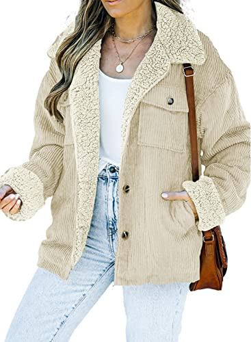 Dokotoo 2025 Fashion Winter Clothing for Women Trucker Shacket Jacket for Women Thick Sherpa Lined Fleece Fur Collar Button Down Long sleeve Outwear Fall Warm Coat with Pocket Apricot XL