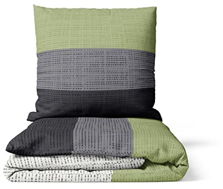 LARAWELL Bettwäsche 135x200 Baumwolle grün grau gestreift Premium