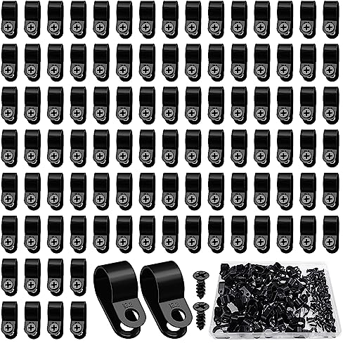 VooGenzek 80 Pièces 13.2mm (1/2 Pouce) R-Type Attache de Câble Pince de Fil, R-Type Nylon Plastique Câbles Clips avec 80 Pièces des Vis, pour la Gestion des Fils (Noir)
