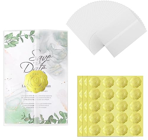 Jinavoty 50 Pack Vellum Jackets for Invitations, 5 x 7inch Pre-Folded Vellum Paper with Heart Seal Stickers,Translucent Vellum Paper for Baby Shower Birthday Wedding Invitation Wraps