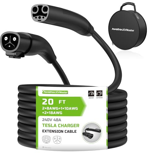 EVMaster EV Tesla Charger Extension Cable, 20ft 48Amp 240Volt Max 11.5kW with NACS Plug, Extension Cord for Level 1/2 Tesla Mobile Charger/Wall Connector, Extension Cord for Model X/Y/3/S