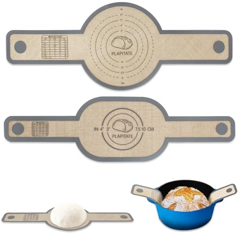 PLAPITATE Silikon bröd sling holländskt ugnsfoder, non-stick och lätt att rengöra återanvändbar oval och rund silikon bröd bakmatta med långa handtag, lätt att överföra surdegsbröd – 2 grå set