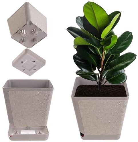 KADAX Pot de fleurs décoratif - Pot de fleurs en plastique - Rectangulaire avec système d'irrigation et réservoir d'eau - Beige - 18 cm