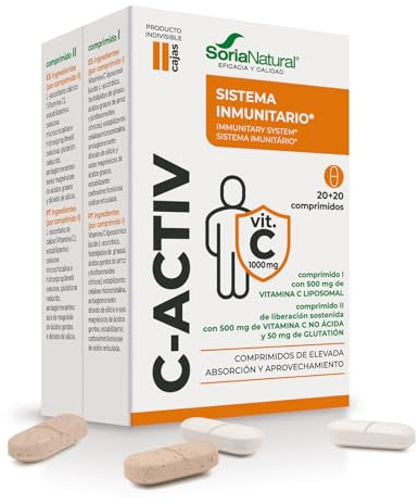 Soria Natural C-Activ – Con Vitamina C Liposomal, No Ácida y Glutatión – Favorece el Sistema Inmune y Ayuda a Disminuir el Cansancio y la Fatiga – 20 Comprimidos de 1200 mg y Comprimidos de 1400 mg