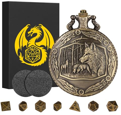 Mini DND Würfel Set mit Steampunk Wolf, Taschenuhrgehäuse, 7-teiliges Polyedrisches Metall D&D Würfel Set, DND Geschenke mit Geschenkbox für Spieler, Rollenspiel Brettspiel Zubehör, Bronze