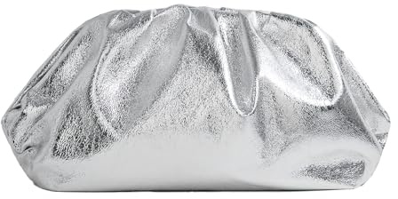 PHILOMENA Pochette in pelle vegana elegante per donna, borsa a mano morbida e pieghettata in PU per serate, matrimoni e balli di fine anno, Argento, Medium