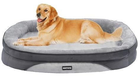 HMTOPE Orthopädisches Hundebett, Hundesofa, Vierseitiges Nackenrolle Kissen, rutschfeste Unterseite Hundekorb, Abnehmbar und Waschbar, Mittelgroße Hunde, Grosse Hunde, 106 x 79 x 17 cm, Hellgrau