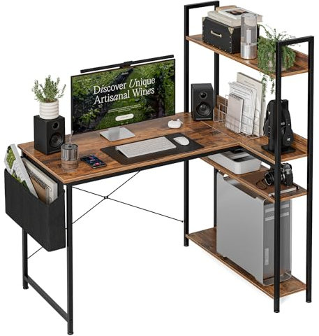 Grandder Escritorio para computadora en forma de L de 100 cm con estantes de almacenamiento reversibles, escritorio de esquina para oficina en casa, mesa de estudio con gabinete, estudio, marrón