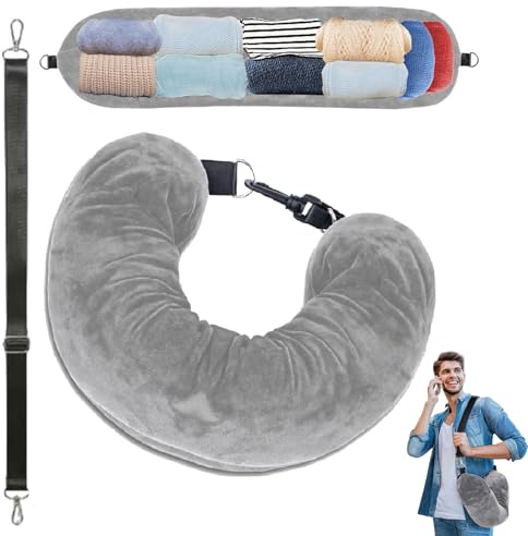 Cuscino da Viaggio Riempibile,Cuscino Collo Viaggio Velluto di Cristallo,Riempibile Con Vestiti Cuscino per Aereo,Multifunzionale Accessori da Viaggio,Con Tracolla Regolabile Staccabile (Grigio)