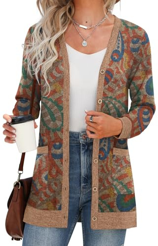 GRECERELLE Cardigan pour femmes à manches longues, ouvert sur le devant, boutonné, col en V, côtelé, tricot léger avec poche, Motif cachemire - Rouge, L