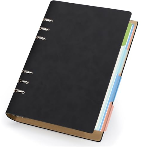 Yarotm Cuaderno A5 Anillas - Libreta Recargable 14x21cm con 100GSM Cuadriculado 5mm 150 Hojas - Carpeta de 6 Anillas con Separadores - Bloc de Notas Cuero PU Negro pare Diario, Organizador de Agenda