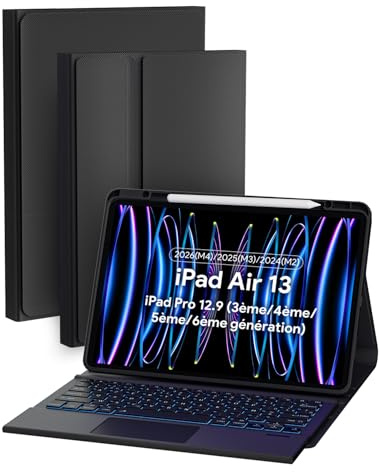 Doohoeek Etui avec Clavier pour iPad Air 13 2026(M4)/2025(M3)/2024(M2), iPad Pro 3e/4e/5e/6e génération 12,9 Pouces, Bluetooth sans Fil rétroéclairé Folio Clavier avec trackpad Multi-Tactile, AZERTY
