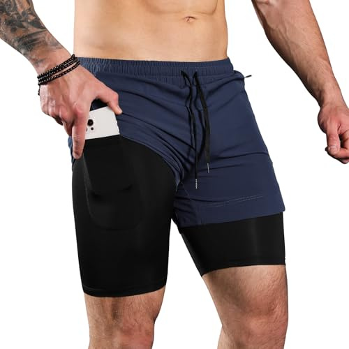 Comilaka Short Sport Running 2 in 1 Respirant Homme avec Poches Zippées Short de Gym Short Été