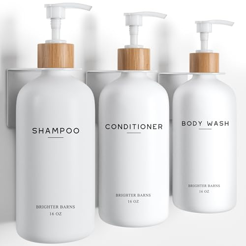 White Shampoo and Conditioner Dispenser Set Wall Mounted by Brighter Barns - Shower Dispenser 3 Chamber No Drill - Refillable Shampoo and Conditioner Bottles for Shower Wall in Airbnb, Hotel (White)