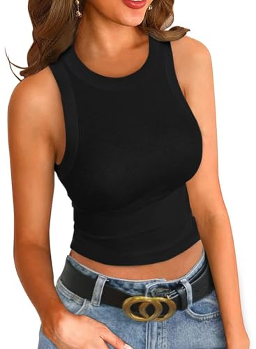 VICHYIE Donna Estate Unicolore Crop Maniche Corta Senza Maniche Collo Alto Slim Fit T-Shirt Basic a Righe a Coste Top a Maniche Cortissime, Nero, S
