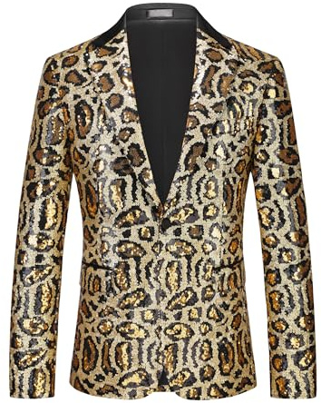 MOGU Men's Sequin Jacket Leopard Print Sparkly Glitter Blazer Shiny Dress Tuxedo Sport Coats for Party Prom Dinner Stage Club, Gold, XS
