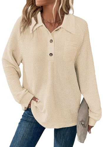Balivsa Summer Shirts for Women Long Sleeve Buttom Waffle Knit Blouses Tunic Tops Causal Loose Fit Apricot Large