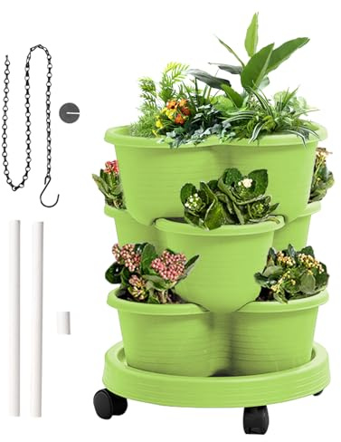XIAOXIAOYU Torre de jardín vertical,Maceta apilable | Torre de planta de 3 niveles con ruedas extraíbles y herramienta para hierbas de cocina, fresas, flores, terraza, balcón, jardín