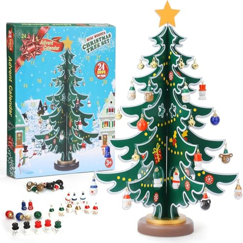 LATERN Calendario Dell'avvento Natalizio 2025, 24 Giorni Calendario del Conto alla Rovescia con Legno Albero di Natale da Tavolo e 36 Ornamenti per Natale Regali Festività Decorazioni Festa Bomboniere