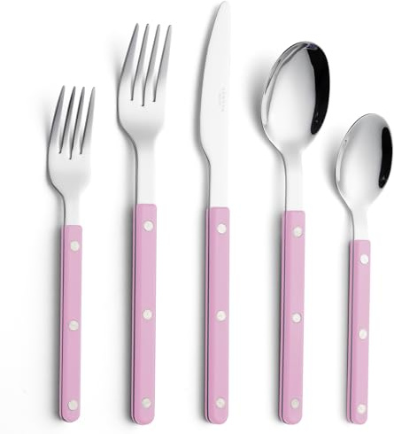 ANNOVA Juego de cubiertos, juego de cubiertos de acero inoxidable retro/rivet de colores, incluye cuchillos, tenedores, cucharas, tenedores para ensalada y cucharas para postre(Rosa claro, 10 piezas)