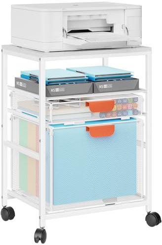 Marbrasse Printer Stand with Storage,Large Rolling Cart on Wheels,File Organiser with Drawers,Filing Cabinet Organizer Furniture Trolley for 3D Printer Mobile Phone Home Office(White)